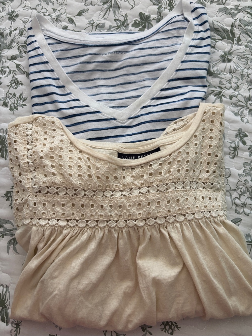TWO Lane Bryant Tops- Cream Eyelet Yoke and Navy Striped TV Neck Tee